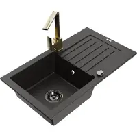 Mexen Pablo granieten gootsteen 1-komerig met afdruiprek en keukenmengkraan Rita, zwart/goud metallic- 6510-75-670300-50-B