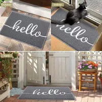 Hello "" Deurmat, voor binnen en buiten, antislip vuilvangmat, wasbare voetmat voor huisdeur, entree, tuin, 40 x 60 cm, grijs