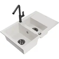 Mexen Gaspar granieten spoelbak 1,5-komor met afdruiprek en keukenkraan Flora, wit - 6507-20-670401-70-B