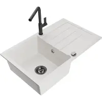 Mexen Bruno granieten spoelbak 1-kompartment met afdruiprek en keukenkraan Flora, wit - 6513-20-670401-70-B