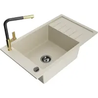Mexen Elias granieten gootsteen met 1 bak en afdruiprek en keukenmengkraan Flora, beige - 6511-69-670401-57-B