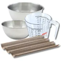 Zenker Bakkerijset met geperforeerde bakvorm voor 3 stokbroden 38,5 x 24,6 cm van staal, 2 mengkommen, maatbeker en spatel