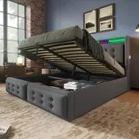 Merax 160x200 cm gestoffeerd bed - tweepersoonsbed met LED-verlichting en USB-C oplaadfunctie - met opbergruimte - grijs - zonder matras