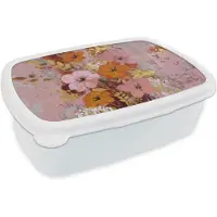 MuchoWow Broodtrommel Wit - Lunchbox Schilderij - Bloemen - Rustiek - Roze - Brooddoos 18x12x6 cm - Brood lunch box - Broodtrommels voor kinderen en volwassenen