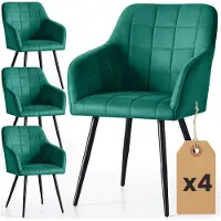 Akord Set van 4 Eetkamerstoelen LUXANO met Armleuningen / Gestoffeerde Stoelen / Fluwelen Stoelen en Metalen Poten / Flesgroen met zwarte benen