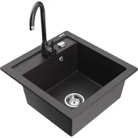 Mexen Vito granieten spoelbak 1-komerig met keukenmengkraan Telma, zwart gespikkeld - 6503-76-670200-76