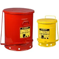 Justrite Container voor olieachtig afval, zelfsluitend deksel, met pedaal, plaatstaal, Ø 350 x H 460 mm, 38 l, rood