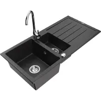 Mexen Andres granieten gootsteen 1,5-kamer met afdruiprek en keukenkraan Telma, zwart/zilver - 6515-73-670200-00