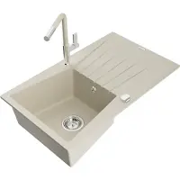 Mexen Cesar granieten gootsteen 1-bak met afdruiprek en keukenmengkraan Flora, beige - 6514-69-670401-09