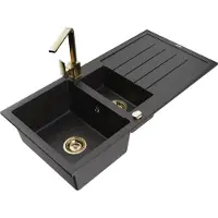 Mexen Andres granieten spoelbak 1,5-komers met afdruiprek en keukenmengkraan Rita, zwart/zilver metallic - 6515-73-670300-50