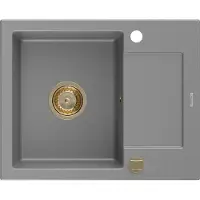 Mexen Enzo granieten gootsteen 1-komors met afdruiprek 576 x 465 , grijs, gouden sifon - 6506571005-71-G
