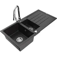 Mexen Andres granieten spoelbak 1,5-komor met afdruiprek en keukenmengkraan Elia, zwart/zilver metallic - 6515-73-670101-00
