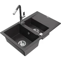 Mexen Gaspar granieten gootsteen 1,5-kamer met afdruiprek en keukenkraan Flora, zwart gespikkeld - 6507-76-670401-08
