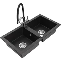 Mexen Mario granieten gootsteen 2-kamer met keukenmengkraan Duo, zwart/zilver metallic - 6504-73-671701-07