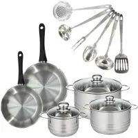 Fackelmann Set 2 pannen 20 24 cm, 3 kookpotten 16, 20 en 24 cm roestvrij staal en 6 roestvrijstalen keukengerei Geneva