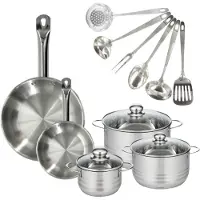 Fackelmann Set 2 pannen 20 en 28 cm roestvrij staal, 3 roestvrijstalen kookpotten 16, 20 en 24 cm en 6 roestvrijstalen keukengerei Eterna