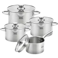 Savoré Kitchen 8-delige RVS Pannenset - Kookpannen met Glazen Deksel - Inductie Pannen - Afgietrand, Maatverdeling en Schenktuit