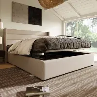 STILVORA Tweepersoonsbedden 140x200 cm - Gestoffeerd Bed Met Lattenbodem En Opbergruimte - Linnen - Beige