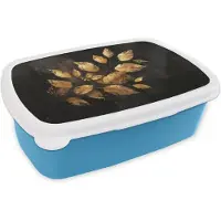 MuchoWow Broodtrommel Blauw - Lunchbox Gouden Bladeren op Donkere Achtergrond - Brooddoos 18x12x6 cm - Brood lunch box - Broodtrommels voor kinderen en volwassenen