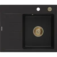 Mexen Ben granitische spoelbak 1-komoers met afdruiprek, rechts 600 x 500 , zwart, gouden sifon - 6523605000-77-G