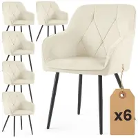 Akord Set van 6 Eetkamerstoelen DIAMANTE met Armleuningen / Gestoffeerde Stoelen / Fluwelen Stoelen en Metalen Poten / Crème kleur met zwarte benen
