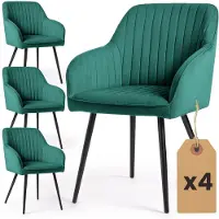 Akord Set van 4 Eetkamerstoelen FLORENCE met Armleuningen / Gestoffeerde Stoelen / Fluwelen Stoelen en Metalen Poten / Flesgroen met zwarte benen