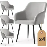 Akord Set van 4 Eetkamerstoelen ESTELLE met Armleuningen / Gestoffeerde Stoelen / Fluwelen Stoelen en Metalen Poten / Grijs met zwarte benen