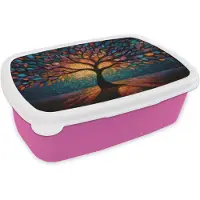 MuchoWow Broodtrommel Roze - Lunchbox Mozaïek - Kleurrijk - Boom - Takken - Brooddoos 18x12x6 cm - Brood lunch box - Broodtrommels voor kinderen en volwassenen