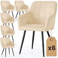 Akord Set van 6 Eetkamerstoelen LUXANO met Armleuningen / Gestoffeerde Stoelen / Fluwelen Stoelen en Metalen Poten / Beige met zwarte benen
