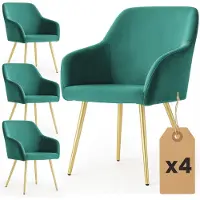 Akord Set van 4 Eetkamerstoelen ESTELLE met Armleuningen / Gestoffeerde Stoelen / Fluwelen Stoelen en Metalen Poten / Flesgroen met gouden benen