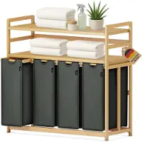 Aura Wasmand 4 Vakken - Wassorteerder - Wasmand - Bamboe Frame - Donker Grijs - 103cm x 42cm x 101cm