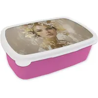 MuchoWow Broodtrommel Roze - Lunchbox Gezicht - Vrouw - Bladeren - Goud - Brooddoos 18x12x6 cm - Brood lunch box - Broodtrommels voor kinderen en volwassenen