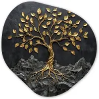 MuchoWow Organische wanddecoratie 90x90 cm - Organisch schilderij Bladeren - Goud - Boom - Rots - Muurdecoratie woonkamer - Kamer decoratie - Schilderijen - Muurcirkel aesthetic