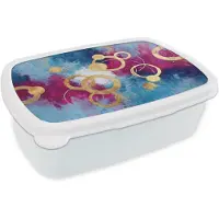MuchoWow Broodtrommel Wit - Lunchbox Cirkels - Goud - Abstract - Brooddoos 18x12x6 cm - Brood lunch box - Broodtrommels voor kinderen en volwassenen