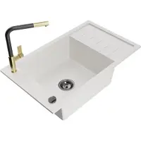 Mexen Elias granieten spoelbak 1-compartiment met afdruiprek en keukenmengkraan Flora, wit - 6511-20-670401-57-B