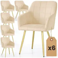 Akord Set van 6 Eetkamerstoelen LUXANO met Armleuningen / Gestoffeerde Stoelen / Fluwelen Stoelen en Metalen Poten / Beige met gouden benen