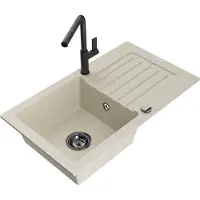 Mexen Pablo granieten spoelbak 1-kompromi met afdruiprek en keukenmengkraan Flora, beige - 6510-69-670401-70-B