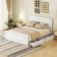 OKWISH Houten Bed 160x200cm – Met Hoofdbord – Met 4 Opberglades – Stevig Lattenbodem – Voor Slaapkamer – Grenen En MDF – Wit | Zonder matras
