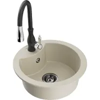 Mexen Diego granieten gootsteen, 1-kamer met keukenmengkraan Savita, beige - 6512-69-672601-70