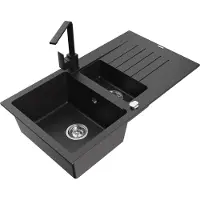 Mexen Matias granieten spoelbak 1,5-kompartment met afdruiprek en keukenkraan Rita, zwart/zilver metallic - 6502-73-670300-70