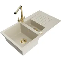 Mexen Matias granieten spoelbak 1,5-kamer met afdruiprek en keukenmengkraan Duero, beige - 6502-69-671600-50