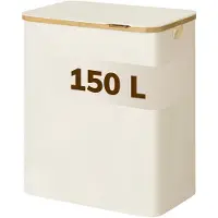 Acaza Wasmand 3 vakken - Wasmand Met Deksel - 150 L - Bamboe - 60x 38,5 x 70,5 cm - Beige