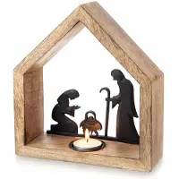 Orion Kandelaar Houten voor Waxinelichtje Kerststal MANGO 20x6x22 cm - Kaarsen - Kaarsenstandaard - Kaarsenhouder - Decoratie