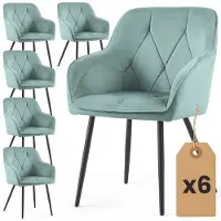 Akord Set van 6 Eetkamerstoelen DIAMANTE met Armleuningen / Gestoffeerde Stoelen / Fluwelen Stoelen en Metalen Poten / Turkooizen kleur met zwarte benen