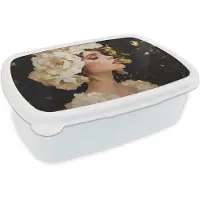 MuchoWow Broodtrommel Wit - Lunchbox Abstract - Vrouw - Bloemen - Wit - Brooddoos 18x12x6 cm - Brood lunch box - Broodtrommels voor kinderen en volwassenen