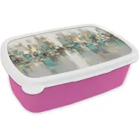MuchoWow Broodtrommel Roze - Lunchbox Abstract - Blokken - Goud - Skyline - Brooddoos 18x12x6 cm - Brood lunch box - Broodtrommels voor kinderen en volwassenen