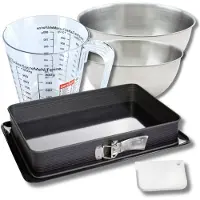 Zenker Bakkersset met rechthoekige bakvorm van 42 x 29 cm in geëmailleerd staal, 2 mengkommen, maatbeker en spatel