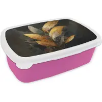 MuchoWow Broodtrommel Roze - Lunchbox Gouden Bladcompositie – Botanische Luxe - Brooddoos 18x12x6 cm - Brood lunch box - Broodtrommels voor kinderen en volwassenen