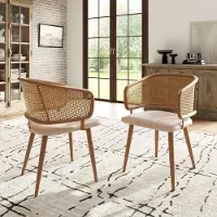 STILVORA Eetkamerstoel 47 x 51 x 79 Cm - Set Van 2 - Rotan Rugleuning Met Ergonomische Steun - PU Leren Zitkussen - Beige Bruin