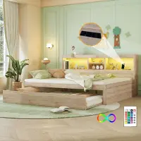 OKWISH Slaapbank 140x200cm – Met Sfeerverlichting En Stopcontact Met USB – Uitschuifbed En Opbergvak – Zonder Matras – Houtkleur